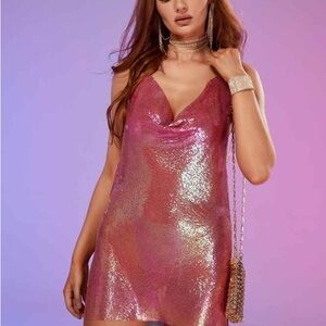 👛NWT DA VEMOR Pink Metallic Mesh Halter Mini Dress Size S